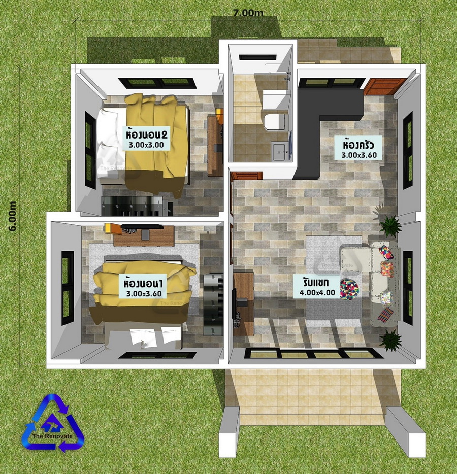 แบบบ้านขนาดเล็กสไตล์คอนเทมโพรารี ดีไซน์หลังคาทรงหน้าจั่ว 2 ห้องนอน 1 ห้องน้ำ  พื้นที่ 56 ตรม