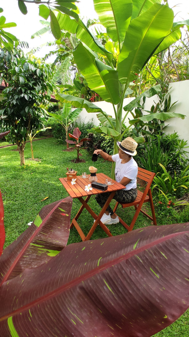 สาวโพสต์ภาพนั่งดริปกาแฟในสวน "กล้วยด่าง" แบบนี้เรียกว่าสวย และรวยมาก