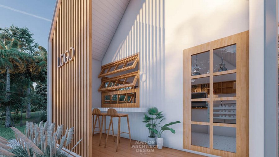 แบบคาเฟ่สไตล์นอร์ดิก โดยเด่นด้วยหลังคาทรงแหลม พร้อมการตกแต่งแบบมินิมอล พื้นที่ 26 ตรม