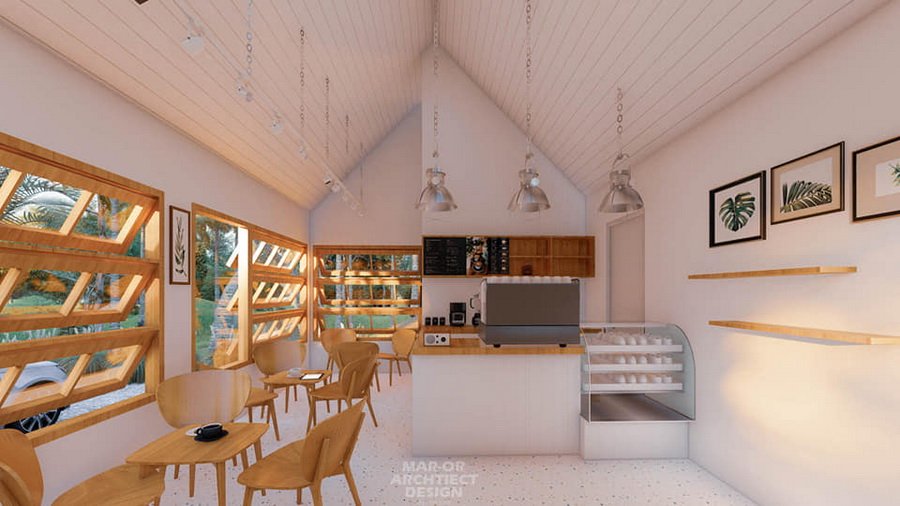 แบบคาเฟ่สไตล์นอร์ดิก โดยเด่นด้วยหลังคาทรงแหลม พร้อมการตกแต่งแบบมินิมอล พื้นที่ 26 ตรม